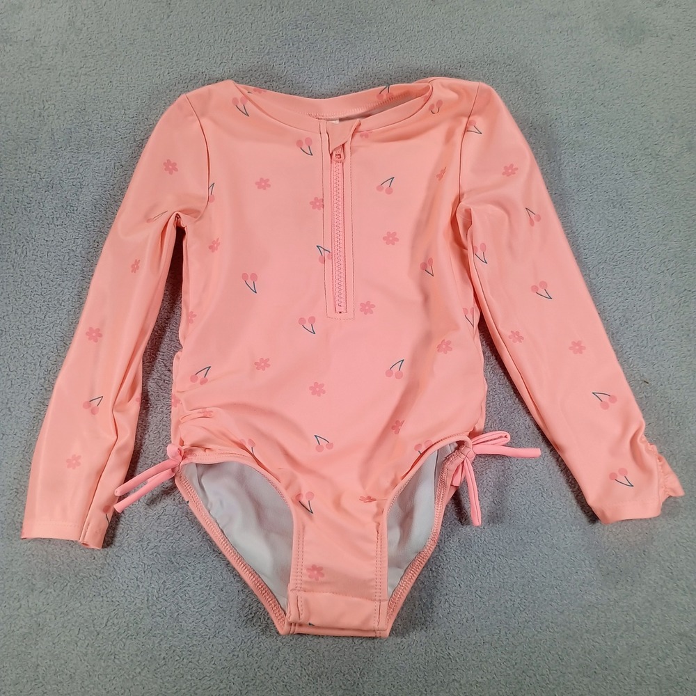 Cat & Jack Girls Rash‎ Guard Swimsuit Pink 4T Cherry Print Long Sleeve